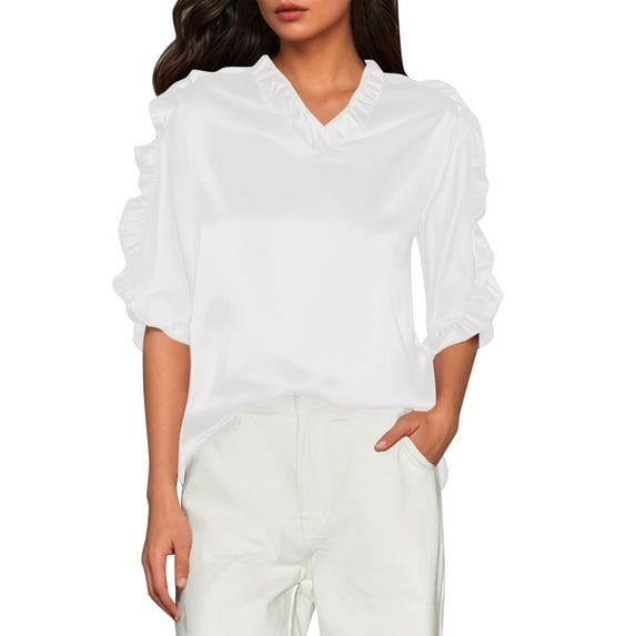 Ediodpoh Name Women's Summer Solid Color Short Sleeve Ruffle Collar V Neck Blouse Women's Tops White XXL