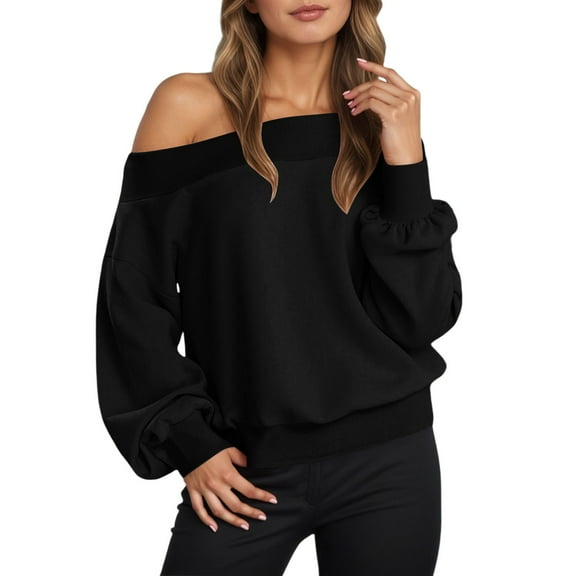 Ediodpoh Off Shoulder Sweatshirt for Women Long Sleeve Casual Loose Fit Lined Hoodless Pullover Top for Comfortable Wear Black XL