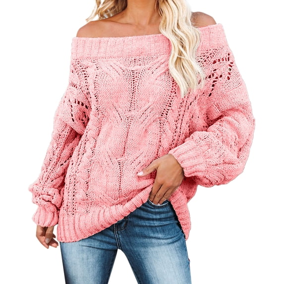 Ediodpoh Off Shoulder Tops for Women Long Sleeve Knit Shirt Pullover Sweaters for Women Tops Casual Warm Pink M