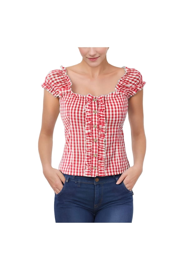 Ediodpoh Oktoberfest Women's Summer Casual Square Neck T Shirt with Checkered Pattern for Daily Wear Comfortable Breathable Fabric with Jeans and Pants Womens T Shirts Red_005 XXL