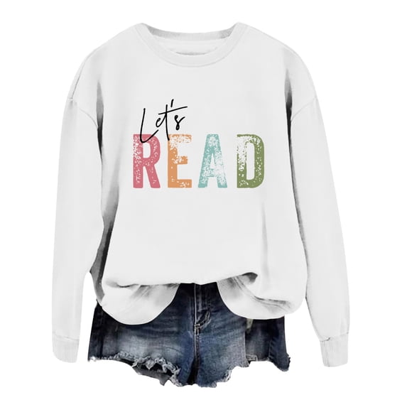 Ediodpoh Reading Book Sweatshirt Women Let's Read Graphic Long Sleeve Shirts Crewneck Teacher Library Bookish Pullover Tops Womens Sweatshirts White XXL