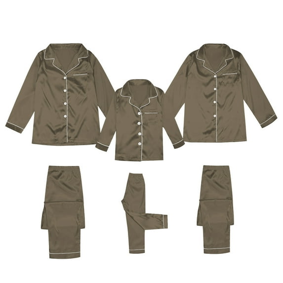 Ediodpoh Satin Silk Button Down Pajamas PJ's Sets Solid Two Piece Family Matching Sleepwear Loungewear Long Sleeve Silk Nightwear for Women Brown M