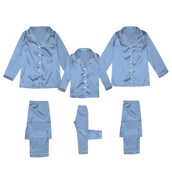 Ediodpoh Satin Silk Button Down Pajamas PJ's Sets Solid Two Piece Family Matching Sleepwear Loungewear Long Sleeve Silk Nightwear for Men Light Blue XXL