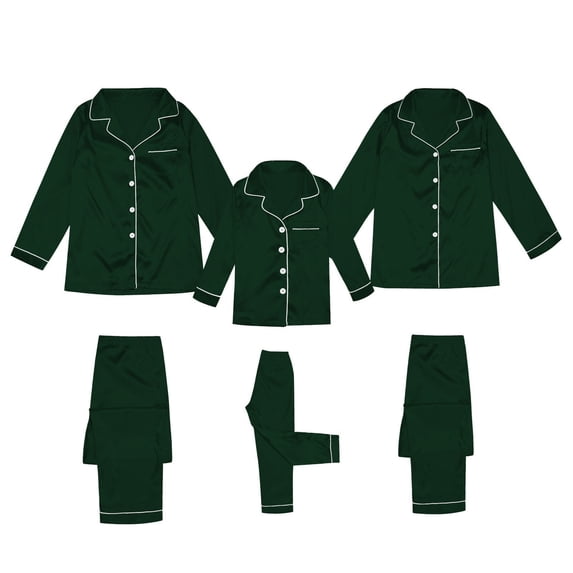Ediodpoh Satin Silk Button Down Pajamas PJ's Sets Solid Two Piece Family Matching Sleepwear Loungewear Long Sleeve Silk Nightwear for Women Dark Green M