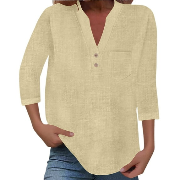 Fgnfyis Womens Tops Short Sleeve Solid Color Stand Collar Button up Shirt with Pocket for Women Three Quarter Sleeve Casual T Shirts for Women Beige XXL