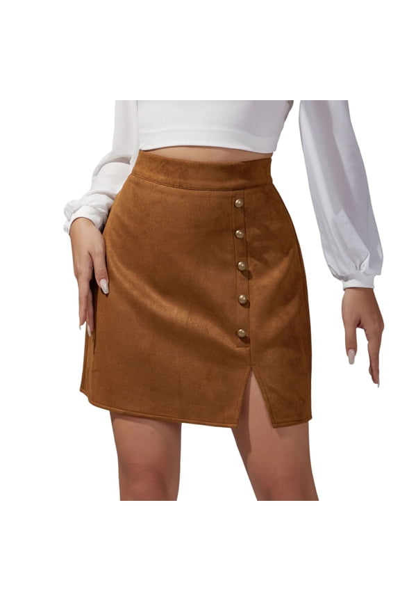 Skirts for Women Autumn Winter Solid Color High Waist Metal Buckle Short Skirt Suede Material Mini Skirt Khaki M