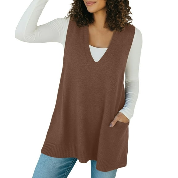 Ediodpoh Solid Knit Sweater Vest with Collar and Pocket Autumn Winter Sleeveless Pullover Sweater Vest Women for Casual Warm Fashion Coffee S