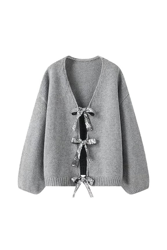 Sparkly Bow Tie Loose Knit Cardigan Sweater for Women Shimmering Sequin Design Cardigans for Women Grey L