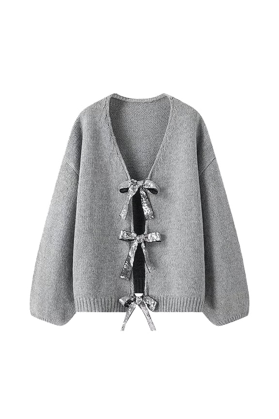 Ediodpoh Sparkly Bow Tie Loose Knit Cardigan Sweater for Women Shimmering Sequin Design Cardigans for Women Grey S
