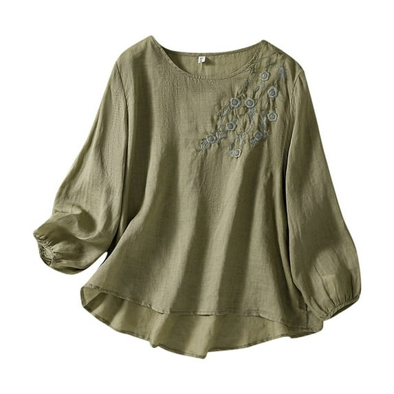 Riforla Spring/ Women's Embroidered Round Neck Long Sleeve T Shirt Vintage Bohemian Loose Fit Floral Applique Top Womens Tshirts Green L