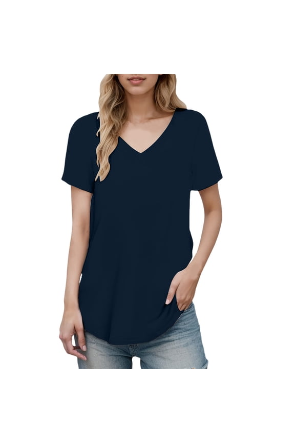 Fgnfyis T Shirts for Women Shirt Short Sleeve Casual Stylish V Neck Solid Color Top Shirts Womens Tops Navy XXXXXL