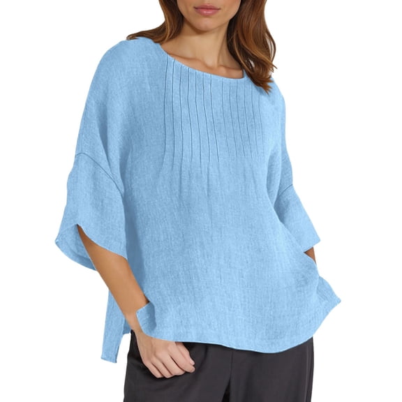 Ediodpoh Summer Womens 3 of 4 Sleeve Crew Neck Floral Printed Loose Top T Shirts Casual Linen Tunic Tee Blouse Womens Tshirts Sky Blue S