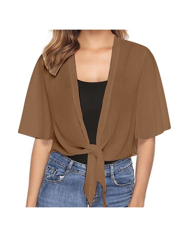 Ediodpoh Summer Womens Casual Short Sleeve Thin Chiffon Cardigan for Women Elegant Shoulder Jacket Lightweight Brown XXL