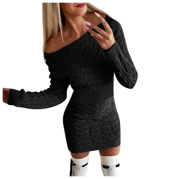 Ediodpoh Sweater Dress for Women Mid Length off The Shoulder Waist for Autumn Winter Fashion Black S