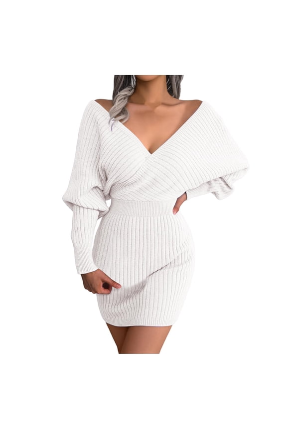 Sweater Dress for Women Pullover V Neck Long Sleeve Knit Tunic Dresses Bodycon White M