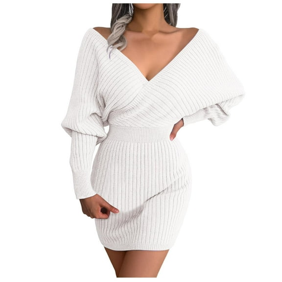 Ediodpoh Sweater Dress for Women Pullover V Neck Long Sleeve Knit Tunic Dresses Bodycon White M
