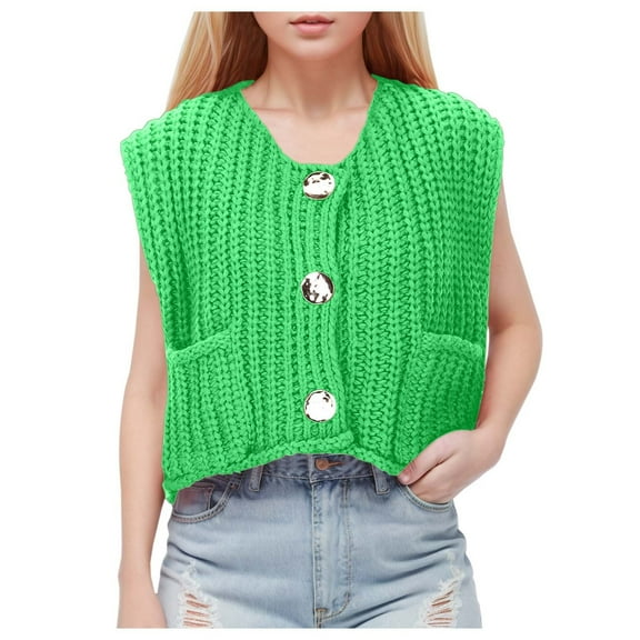 Ediodpoh Sweater Vest Women Sleeveless Solid Color Pocket Button Knit Cardigan Short Outerwear Green S