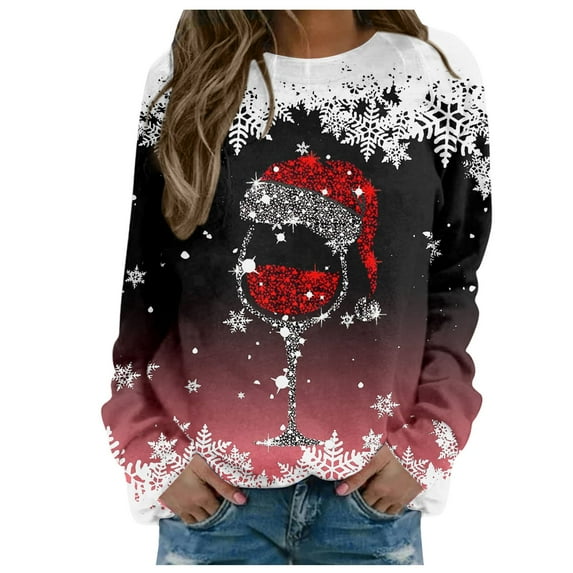 Ediodpoh Sweatshirt for Womens Merry Christmas Print O-Neck Round Neck Fit Pullover Tops Long Sleeve Loose Blouse Glass Snowflake Brick Red_001 M