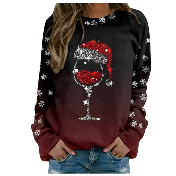 Ediodpoh Sweatshirt for Womens Merry Christmas Print O-Neck Round Neck Fit Pullover Tops Long Sleeve Loose Blouse Glass Snowflake Wine_002 L