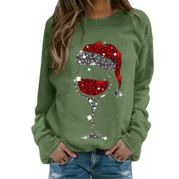 Ediodpoh Sweatshirt for Womens Merry Christmas Print Round Neck Fit Pullover Tops Long Sleeve Loose Blouse Raglan Sleeve Glass Design Green_004 M