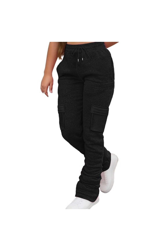 Thickened Warm Fashionable Outdoor Drawstring Trouser Bag Casual Womens Pants with Pockets Black S