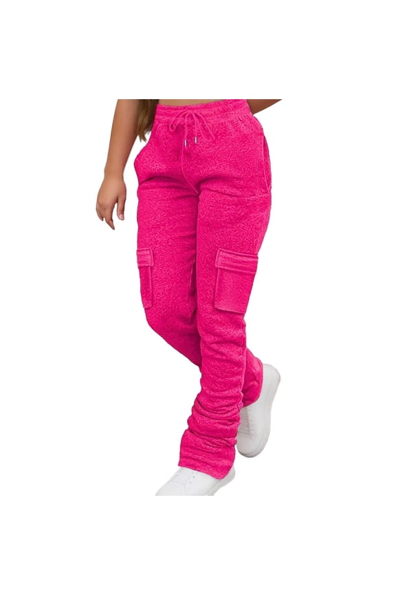 Thickened Warm Fashionable Outdoor Drawstring Trouser Bag Casual Womens Pants with Pockets Red S