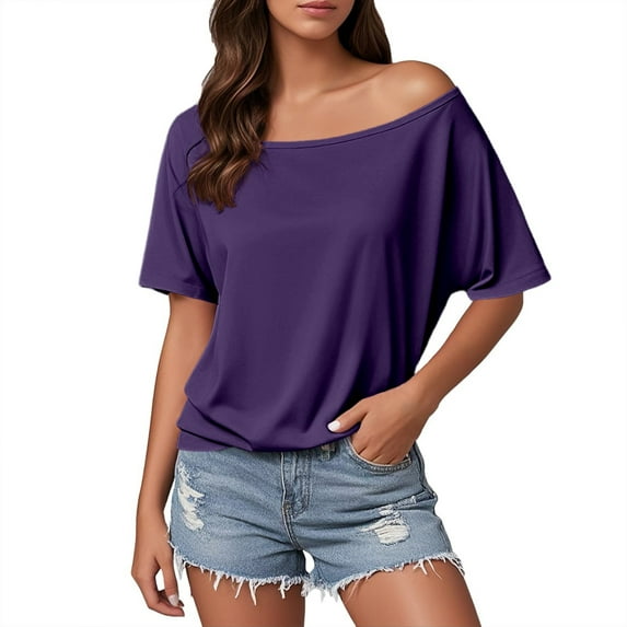 Ediodpoh Trendy Women's off Shoulder T Shirt Casual Solid Top for Everyday Wear Comfortable Style for Spring and Summer T Shirts for Women Dark Purple L
