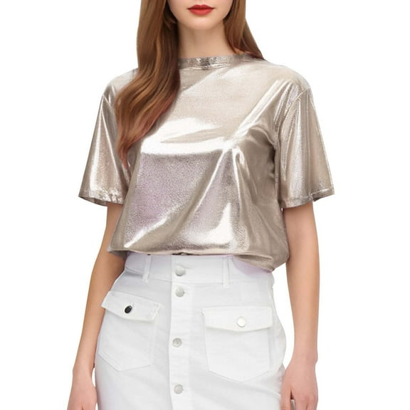 Ediodpoh Trendy Women's T-Shirts Sparkly Silk Top Glitter Loose Short Sleeved T Shirt for Women Summer Tops for Women Beige L