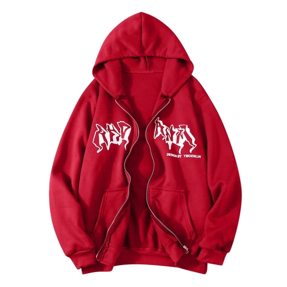 Ediodpoh Unisex Zip up Hoodies Hop Print Hooded Jacket Street Fashion Drawstring Sweat Jacket 90s E Girl Top hoodies and sweatshirts Red XL
