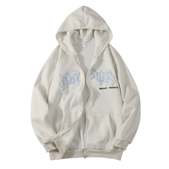 Ediodpoh Unisex Zip up Hoodies Hop Print Hooded Jacket Street Fashion Drawstring Sweat Jacket 90s E Girl Top hoodies and sweatshirts White XXL