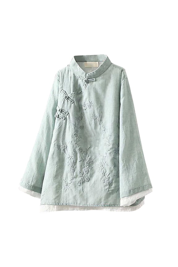 Vintage Embroidered Button Down Linen Shirt for Women Chinese Zen Tea Apparel Loose Fit Contrast Round Neck Top Womens Tops Green XXXXL
