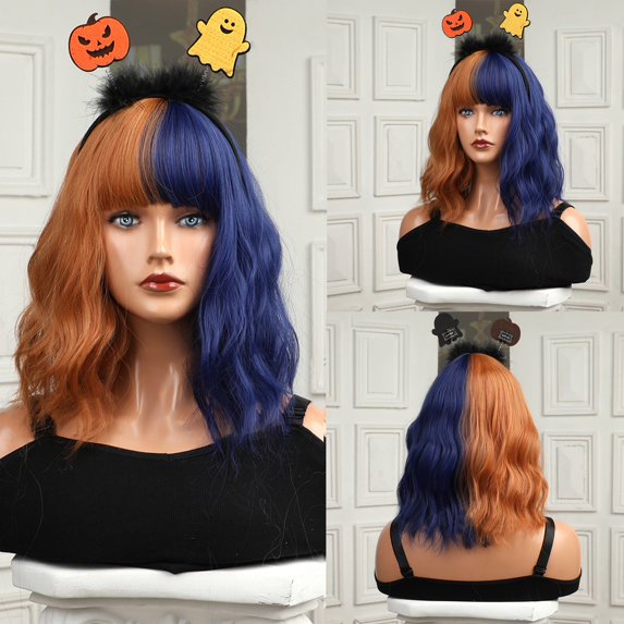 Ediodpoh Wig Blueorange Yin and Yangs Head Shoulder Length Curly Wig Suitable for Party Festival High Temperature Wire Wig 50cm/19in Wigs for Women Blue_005
