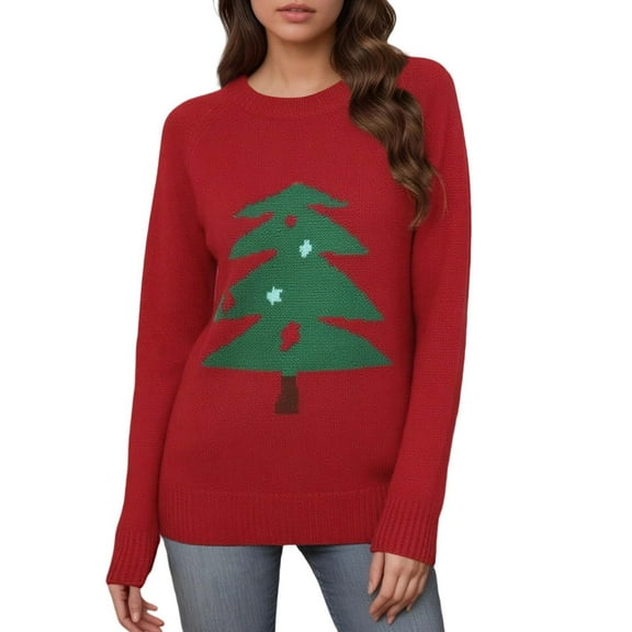 Ediodpoh Winter Fashion Knitted Retro Jacquard Pullover Sweater for Cozy Holiday Crewneck Top Christmas Sweaters for Women Red L