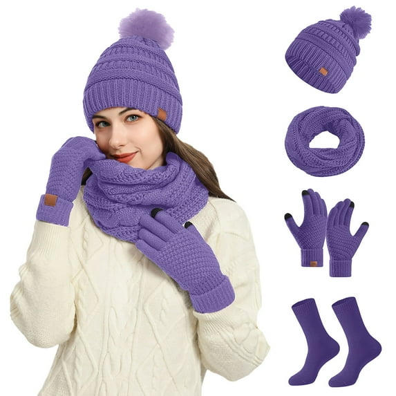 Ediodpoh Women Winter Wool Knit Hat Neck Warmer Gloves and Socks Set Lined Warm Four Piece Accessory Purple