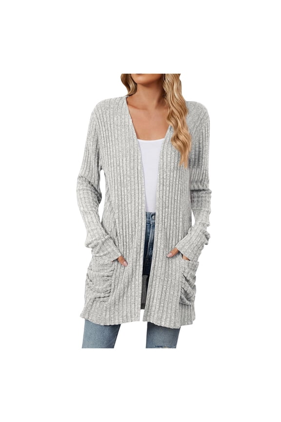 Ediodpoh Women 2025 Autumn Mid Long Cardigan for Women Casual Long Sleeve Knitted Sweater with Pocket Light Gray XL