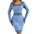thumbnail image 1 of Ediodpoh Women Autumn Winter Knitted Block Striped Long Sleeve Midi Dress Sweater Dress with Square Neck Buttons Light Blue XL, 1 of 6