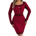 thumbnail image 1 of Ediodpoh Women Autumn Winter Knitted Block Striped Long Sleeve Midi Dress Sweater Dress with Square Neck Buttons Red M, 1 of 7