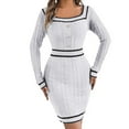 thumbnail image 1 of Ediodpoh Women Autumn Winter Knitted Block Striped Long Sleeve Midi Dress Sweater Dress with Square Neck Buttons White S, 1 of 5