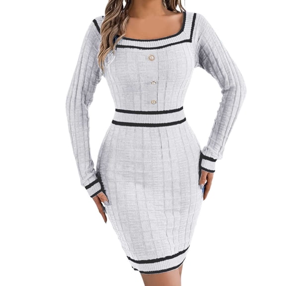 Ediodpoh Women Autumn Winter Knitted Block Striped Long Sleeve Midi Dress Sweater Dress with Square Neck Buttons White S