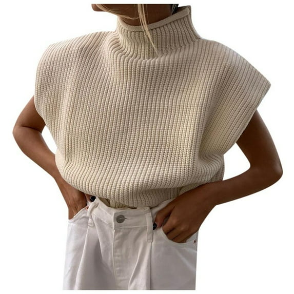 Ediodpoh Women Autumn and Winter Solid Color Wool Sweater Temperament High Neck Sleeveless Pullover Sweater Top Knit Tank Tops for Women Cozy Beige S