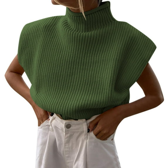 Ediodpoh Women Autumn and Winter Solid Color Wool Sweater Temperament High Neck Sleeveless Pullover Sweater Top Knit Tank Tops for Women Green L