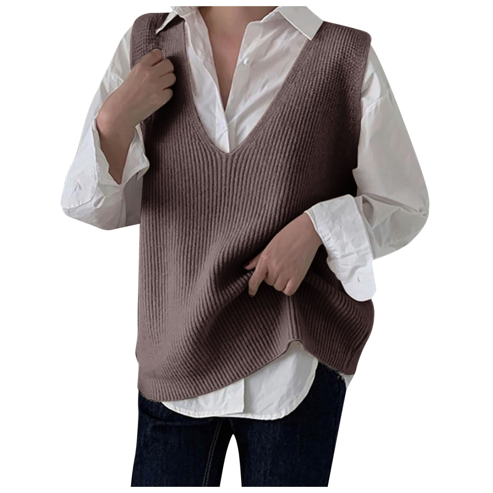 Ediodpoh Women Casual Sleeveless V Neck Ribbed Knit Split Pullover