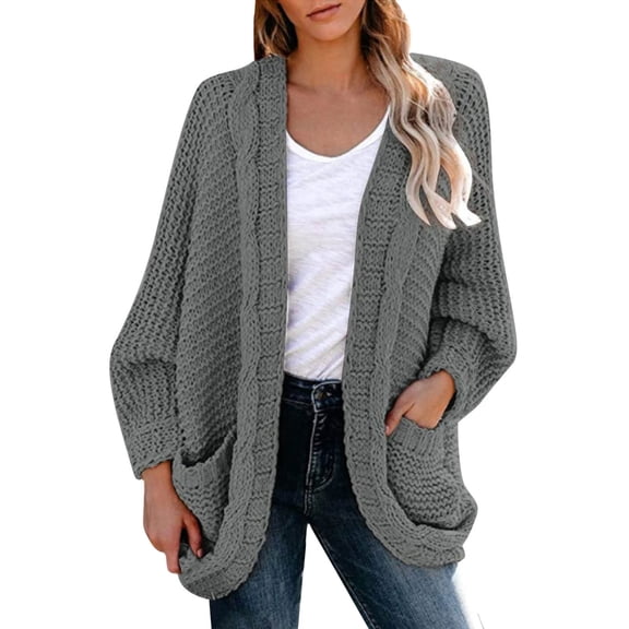 Ediodpoh Women Casual Solid Crochet Sweater Cardigan Loose Long Sleeve Pocket Long Coat Cardigan Sweaters for Women Dark Gray S