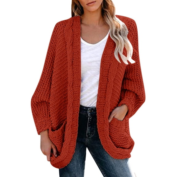 Ediodpoh Women Casual Solid Crochet Sweater Cardigan Loose Long Sleeve Pocket Long Coat Cardigan Sweaters for Women Orange L