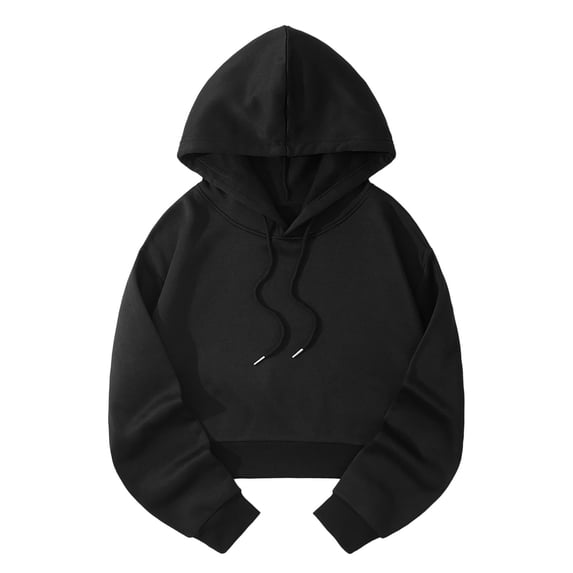 Fgnfyis Women Casual Solid Hooded Loose Sweatshirt Strap Split Long Sleeve Crop Top Hoodies for Women Black L