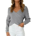 thumbnail image 1 of Ediodpoh Women Casual V Neck Long Sleeve Sweater Wrap Front off Shoulder Sweaters for Women Irregular Hem Knitted Short Grey, 1 of 4