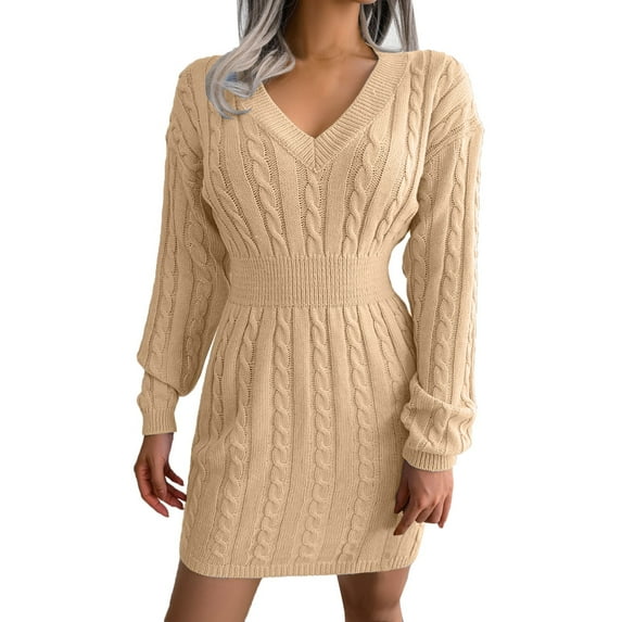 Ediodpoh Women Elegant Long Sleeve V Neck Slim Back Embroidery Party Autumn Ribbed Knitted Bodycon Sweater Dress Sweater Dresses Khaki S