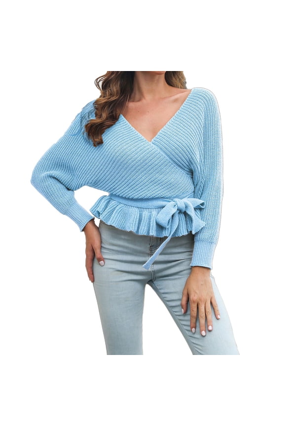 Women Fall Wrap V Neck Long Batwing Sleeve Belted Waist Ruffle Knitted Sweaters for Women Pullover Top Blue M