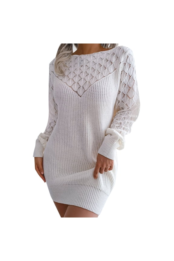 Women Fashion Casual Long Sleeve Solid Knit Turtleneck Puff Sleeve Ribbed Short Dress Sweater Dress with Buttons White M