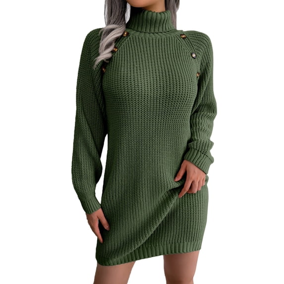 Ediodpoh Women Fashion Casual Long Sleeve Solid Knit Turtleneck Puff Sleeve Ribbed Short Dress Sweater Dress with Buttons for Fall Army Green M